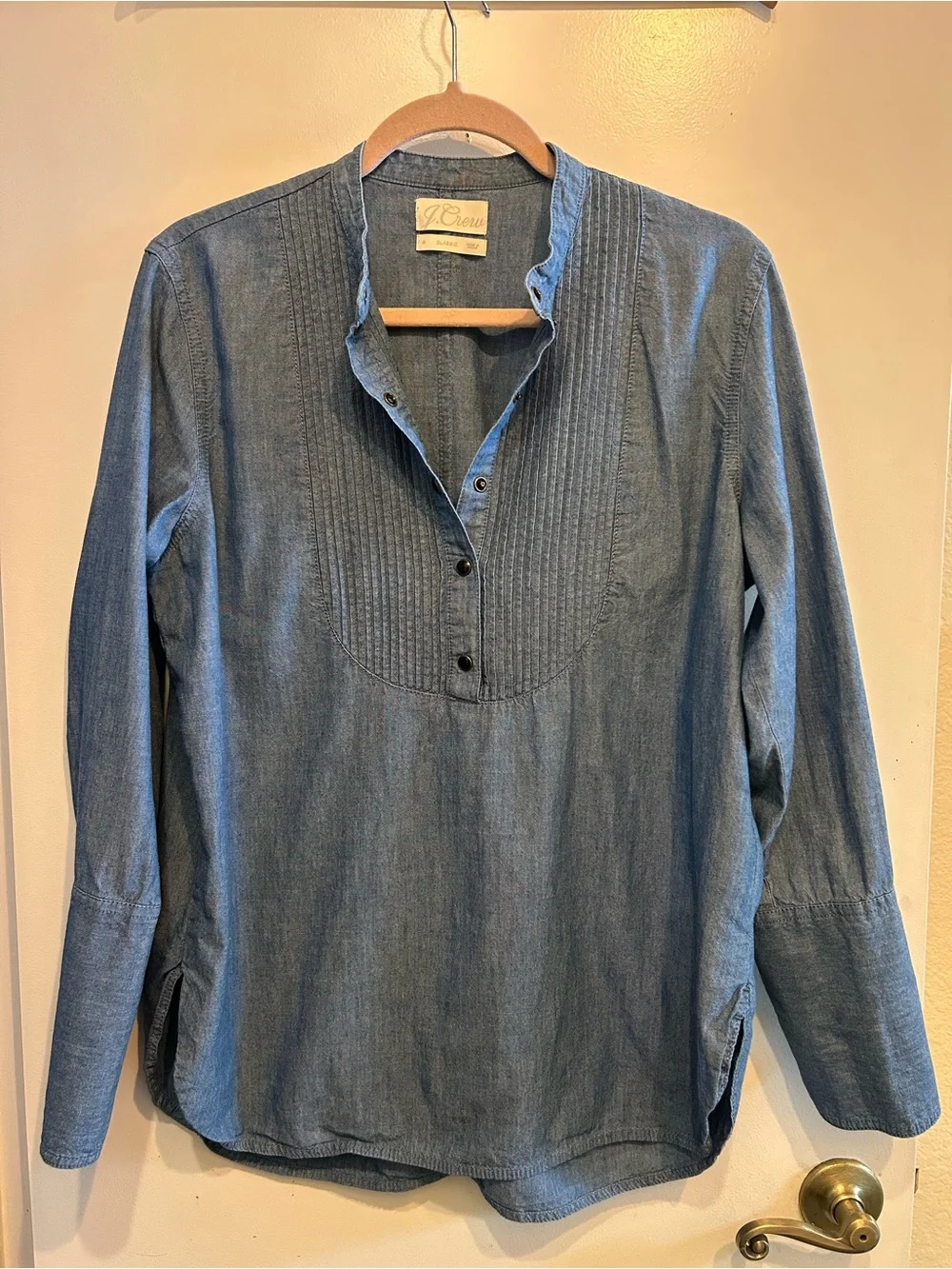 J. Crew Light Blue Pintuck Front Denim-Style Blouse